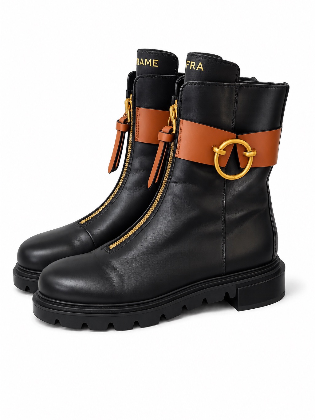 Frame âLe Cinthiaâ Black Leather Ankle Boots With Tan Strap And Gold Hardware